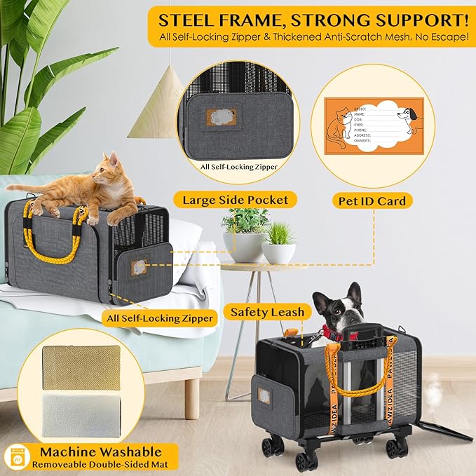 PAWZIDEA Pet Carrier with Wheels 18X11X11 TSA Airline Approved Cat Carrier for 2 Cats Rolling Dog Carrier Under Seat Rolling Cat Carrier Travel Bag with Telescopic Handle, Shoulder Strap as Dog Leash