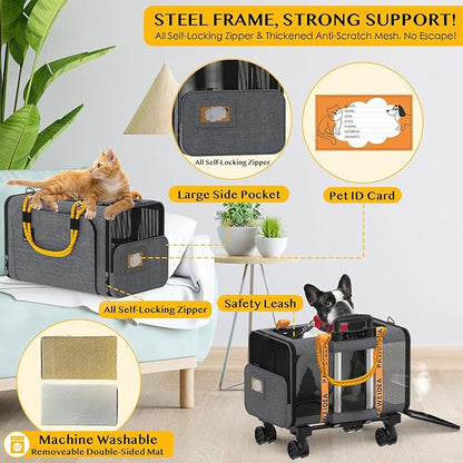 PAWZIDEA Pet Carrier with Wheels 18X11X11 TSA Airline Approved Cat Carrier for 2 Cats Rolling Dog Carrier Under Seat Rolling Cat Carrier Travel Bag with Telescopic Handle, Shoulder Strap as Dog Leash