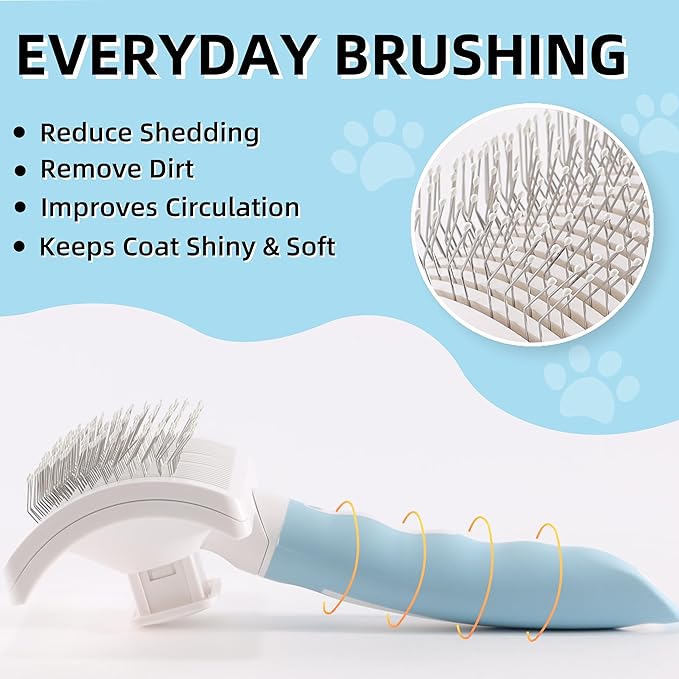 Dog Self-Cleaning Slicker Brush with One Button Fur Removal and Coated Tips Deshedding Brush for Medium or Long Hair Dogs for Massaging Grooming Blue