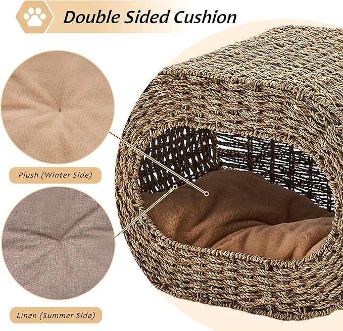 Cat House,Handwoven Cat Cave Pet Cube, Natural Cat Beds Indoor Kitten House with Double-Sided Soft Cushions, Pet Cat House for Multiple Cats, for Living Room Bedroom