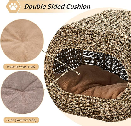 Cat House,Handwoven Cat Cave Pet Cube, Natural Cat Beds Indoor Kitten House with Double-Sided Soft Cushions, Pet Cat House for Multiple Cats, for Living Room Bedroom