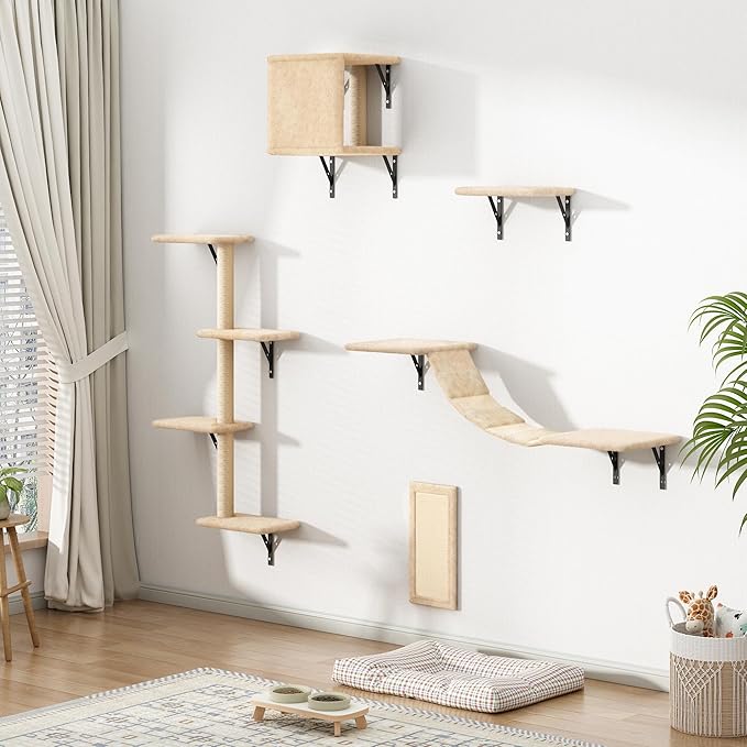 Cat Wall Shelves, Wall Mounted Cat Furniture, Cat Wall Climber with Bridge, Perches, Ledges and Beds, Kitty Jungle Gym for Wall, Set of 5 (Beige)