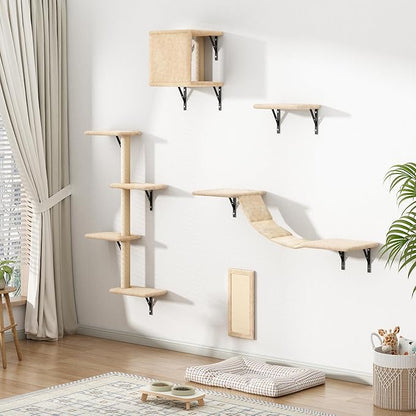 Cat Wall Shelves, Wall Mounted Cat Furniture, Cat Wall Climber with Bridge, Perches, Ledges and Beds, Kitty Jungle Gym for Wall, Set of 5 (Beige)