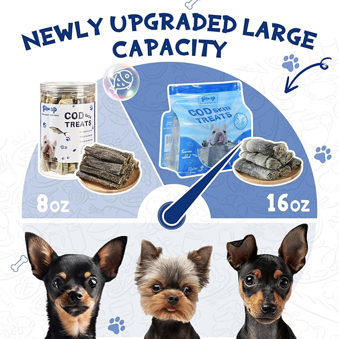 Cod Skin Dog Treats Natural Fish Skin Roll Dog Snacks w/Taurine, Single Ingredient Cod Skin Chews, Rich in Omega 3, 16.2 oz