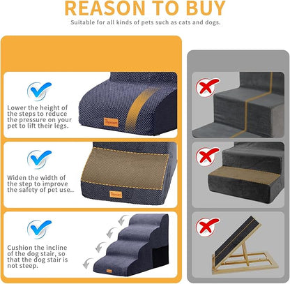 Topmart High Density Foam Dog Steps 4 Tiers,Extra Wide Deep Pet Steps,Non-Slip Pet Stairs,Dog Ramp for Bed,Soft Foam Dog Ladder,Best for Older Dogs Injured,Older Pets,Cats with Joint Pain