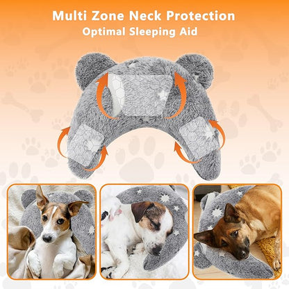 Pet Calming Pillow for Dogs, Soft U-Shaped Pillow Glow in The Dark, Joint Relief, Sleep Comfortably,Suit for Small, Medium, Large Dogs, Fluffy Pet Neck Pillow (S-Gray)