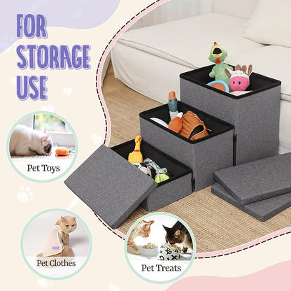 downluxe Dog Stairs for Small Dogs, Foldable Dog Steps for Bed, Sofa and Chair, Non-Slip Pet Steps with Cat Scratcher and Condo (3-Step Pet Stairs, Dark Grey)