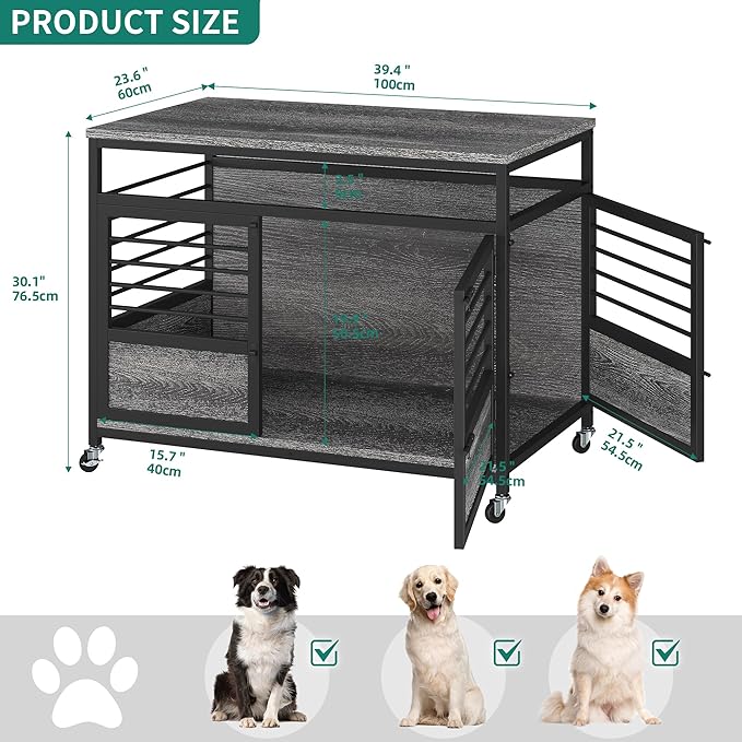 YITAHOME 39" Dog Crate Furniture with Wheels, Farmhouse Decorative Wood Dog Cage End Table Chew-Resistant Wooden Dog Kennel Indoor for Small Dogs, Grey