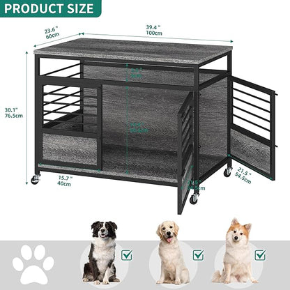 YITAHOME 39" Dog Crate Furniture with Wheels, Farmhouse Decorative Wood Dog Cage End Table Chew-Resistant Wooden Dog Kennel Indoor for Small Dogs, Grey