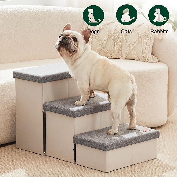 Love's cabin Dog Stairs for High Bed 18"H,Foldable Pet Stairs for Small Medium or Large Dogs Puppy with Storage for Bed or Couch, Cat Dog Steps Ramp with Zip up to 210 lbs(Light Grey,3 Steps no Condo)