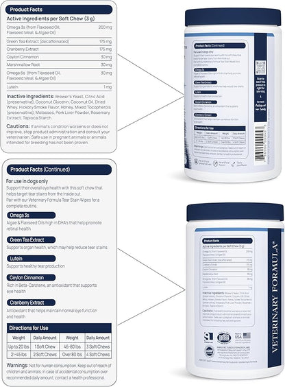 Veterinary Formula Eye Health Supplement for Dogs  Vet-Formulated Tear Stain Chews with Omega 3, Lutein & Cranberry  Smart Vitality Supports Eye Moisture, Stain Reduction & Immunity, 60 Soft Chews