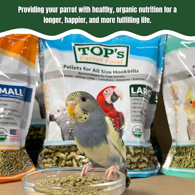 TOP's Parrot Food Mini Pellets Bird Food for Budgies, Cockatiels, Parrotlets, Lovebirds, Parakeets - USDA Certified Organic - 25 lbs