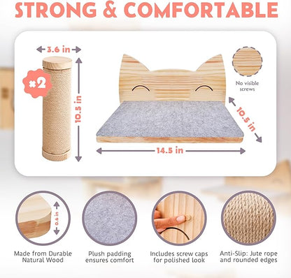 IDAE Cat Wall Shelves Set of 3 – Solid Wood Cat Shelf with 2 Wall Steps - Modern Climbing Furniture for Large Indoor Cats - Space-Saving Natural Perch Set