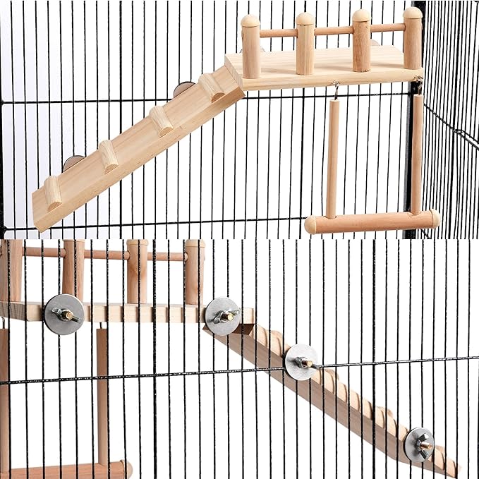 Bird Perches Platform Swing with Climbing Ladder, Parakeet Cage Accessories Wooden Playing Gyms Exercise Sturdy for Small Birds