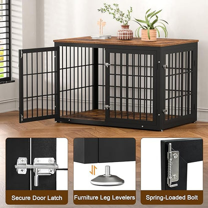 48 Inch Rustic Heavy Duty Dog Crate Furniture for Extra Large Dogs, Decorative Pet House End Table, Wooden Cage Kennel Furniture Indoor, Black and Brown