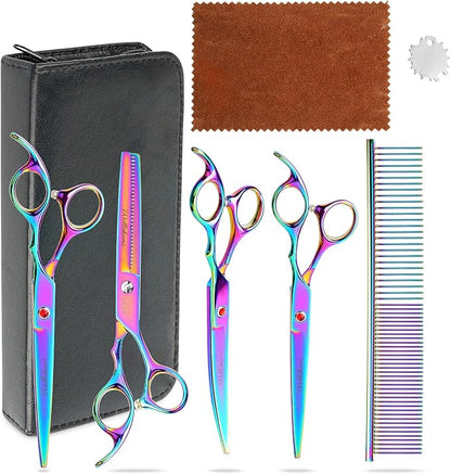 7 Inch Professional Pet Grooming Scissors Set, Curved Straight Dog Scissors, Thinning Shears, 8 in 1 Kit with Comb, Silver, Stainless Steel