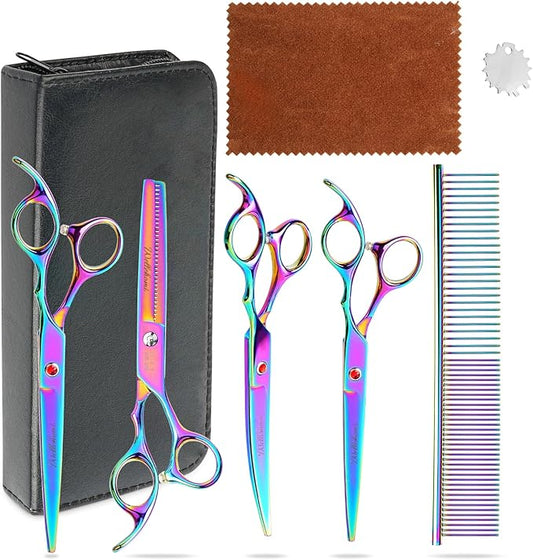 7 Inch Professional Pet Grooming Scissors Set, Curved Straight Dog Scissors, Thinning Shears, 8 in 1 Kit with Comb, Silver, Stainless Steel