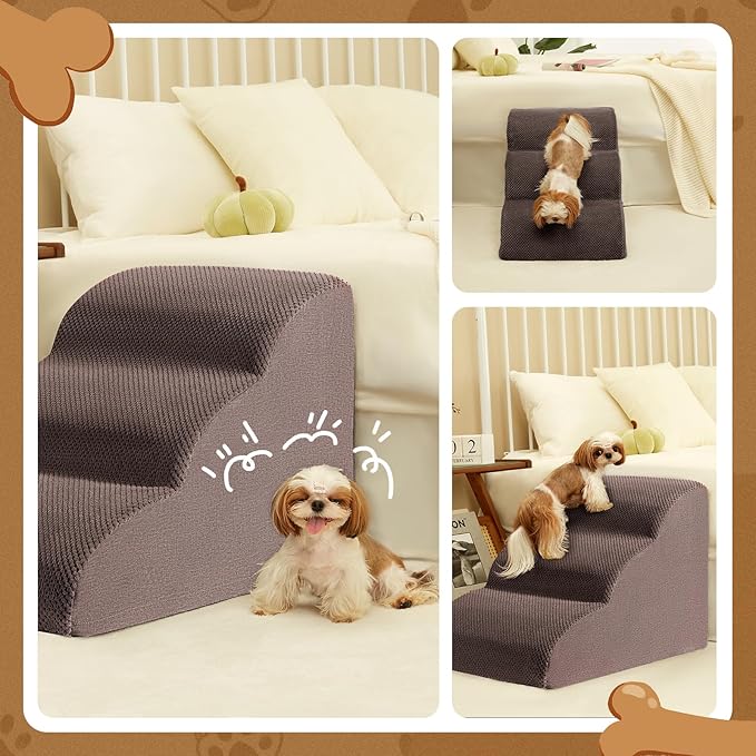 Romrol Dog Stairs Ramp for Beds Couches, Extra Wide Pet Steps with Durable Non-Slip Waterproof Fabric Cover, Pets Slope Stairs, 3-Tiers,Coffee