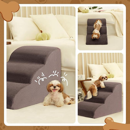 Romrol Dog Stairs Ramp for Beds Couches, Extra Wide Pet Steps with Durable Non-Slip Waterproof Fabric Cover, Pets Slope Stairs, 3-Tiers,Coffee