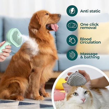 3-in-1 Self-Cleaning Pet Grooming Tool: Versatile Steam Brush for Cats and Dogs, with Bath Supplies and Detachable Bristles (Green)