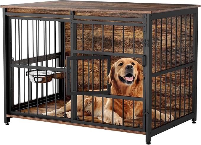 XL Dog Crate Furniture for Large Dogs, Barn Door Dog Crate with Interactive Window for Anxiety Dogs, 360°Rotatable & Elevated Dogs Bowls, Wooden Dog Kennel Furniture, Dog Cage Furniture Indoor