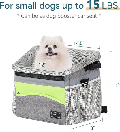 Petsfit Dog Bike Basket, Dog Booster Car Seat, Dog Car Seat for Small Dogs/Cats/Puppies with Safety Rope/Reflective Strips/Two Side Storage Pockets (Grey)
