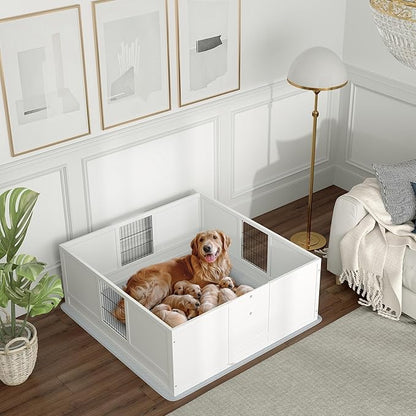 PawHut Whelping Box for Dogs and Puppies, Dog Whelping Box with Waterproof Pee Pad, Adjustable Height Door, for Large Dogs Indoor Use, 49" x 47" x 19"