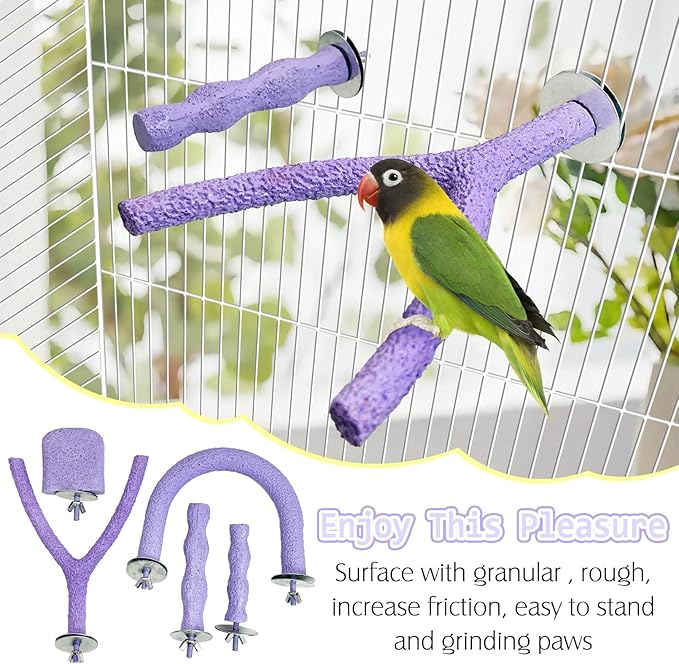 PINVNBY 5 Pack Bird Perch Resin Bird Beak Grinding Stone Parrot Cage Stand Platform Foot Claws Trimmer Chew Toy Cage Accessories for Budgie Cockatiel Conure Lovebird Finch (Purple)