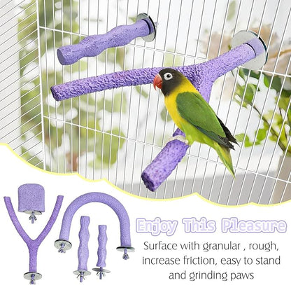 PINVNBY 5 Pack Bird Perch Resin Bird Beak Grinding Stone Parrot Cage Stand Platform Foot Claws Trimmer Chew Toy Cage Accessories for Budgie Cockatiel Conure Lovebird Finch (Purple)