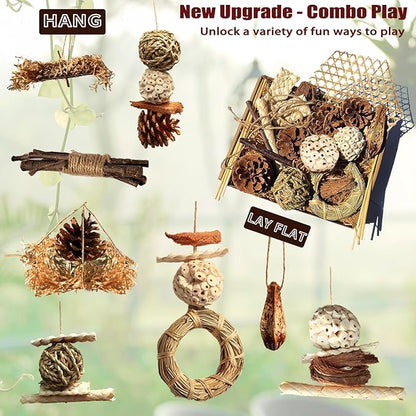 Natural Bird Chew Toys Parrot Toys Box, Foraging Shredding Parakeet Toys for Cockatiel Conures Lovebird Parakeet Budgie Macaws Small-Medium Birds