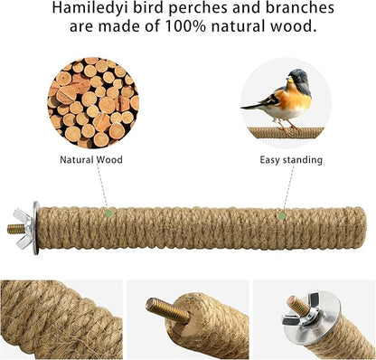 2PCS Bird Perch Parrot Stand Cage Accessories Natural Wooden Stick Paw Grinding Rope-surfaced Chew Toy Standing Rod for Exercise Training Branches (Rope-7x0.9in-2p)