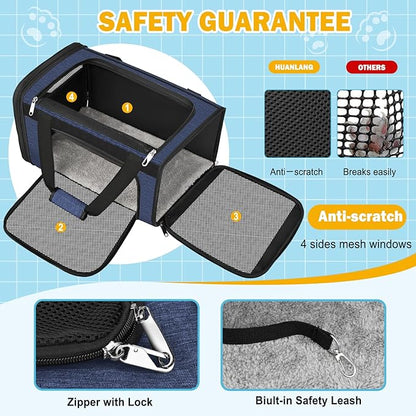 HUANLANG Soft-Sided Cat Carrier Airline Approved,Dog Carriers for Small Dogs Medium Cats,Pet Travel Carrier Up to 20 Lbs,Collapsible Cat Bag