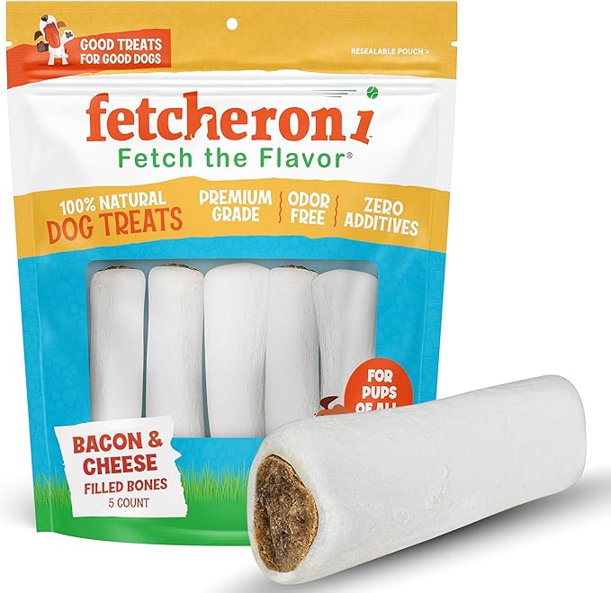 Bacon & Cheese Stuffed Dog Bones - 3-4 Inch Long Dog Treats - Natural Stuffed Dental Dog Bone Treats for Dogs - 5 Pack
