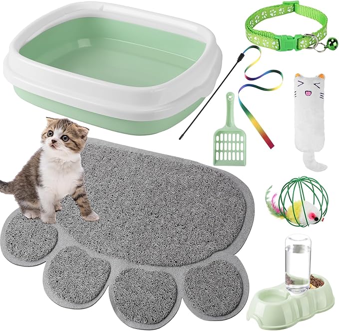 7 Pcs Small Cat Kitten Starter Kit Cat Litter Box with Shovel Paw Litter Mat Double Automatic Kitten Bowls Toy Teaser Stick Collar Essentials Kits for 1-3 Lbs Beginner(Stylish,Fresh Green)