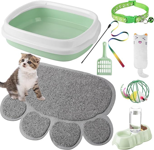 7 Pcs Small Cat Kitten Starter Kit Cat Litter Box with Shovel Paw Litter Mat Double Automatic Kitten Bowls Toy Teaser Stick Collar Essentials Kits for 1-3 Lbs Beginner(Stylish,Fresh Green)