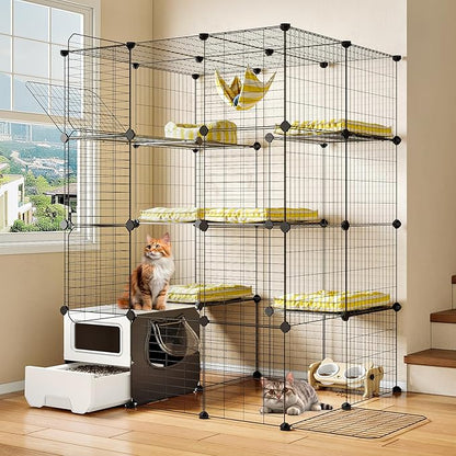 Oneluck Cat Cage with Litter Box, Large 4-Tier DIY Enclosures Detachable Metal Wire Kennel Indoor Crate Exercise Place Ideal for 1-3 Cats