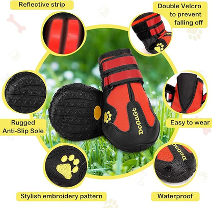 DcOaGt Dog Boots Waterproof Dog Shoes for Small Medium Large Puppy with Reflective Straps Anti-Slip Sole,Paw Protector Dog Booties for Hot Pavement Winter Snow Rain Hiking 4PCS Red