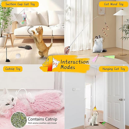 4-in-1 Interactive Cat Feather Toys with Durable Retractable Fishing Pole, Enhanced Suction Cup Toy, Door Hanging Teaser Toy and 11 Attachments Replacements for Bored Indoor Adult Cats