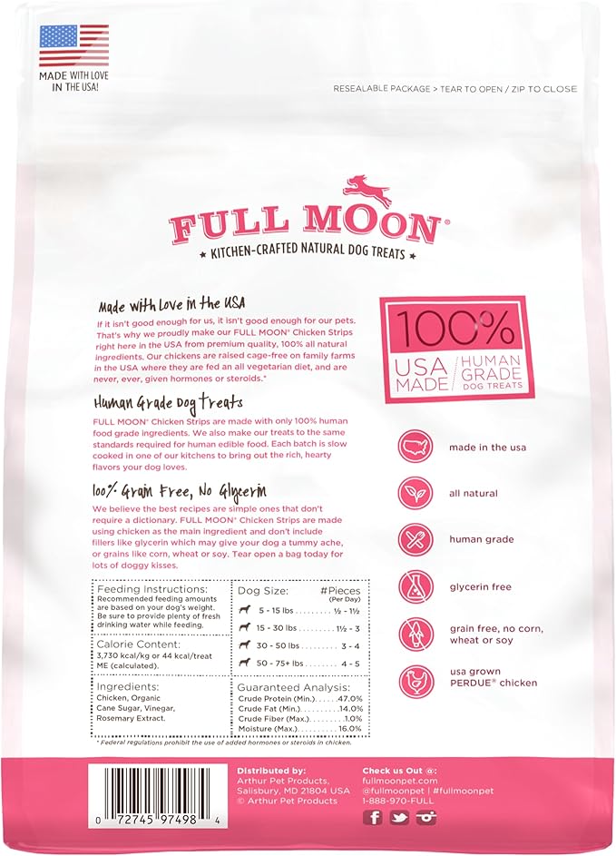 Full Moon Chicken Strips Healthy All Natural Dog Treats Human Grade Made in USA Grain Free 12 oz