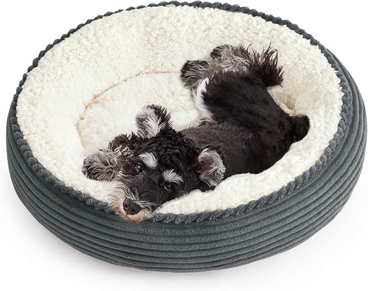 Love's cabin Round Donut Cat and Dog Cushion Bed, 25in Pet Bed for Small or Medium Dogs, Anti-Slip & Water-Resistant Bottom, Soft Durable Fabric Pet Beds, Washable Calming Cat Bed BluishGrey Stripe