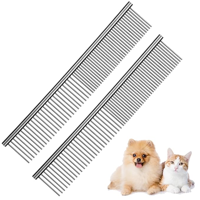 2PCS Pet Steel Combs, Rounded Ends Dog Grooming Comb Silver Cat Steel Grooming Tool Remove Matted Fur Dog Cat Comb Tool Pet Dematting Comb for Long and Short Haired Dogs Cats