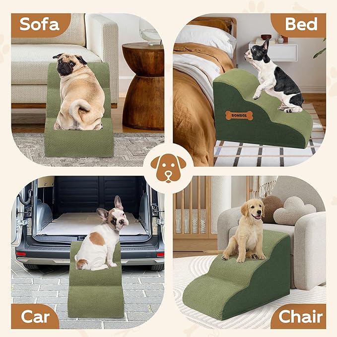 Romrol Dog Stairs Ramp for Beds Couches, Extra Wide Pet Steps with Durable Non-Slip Waterproof Fabric Cover, Pets Slope Stairs, 3-Tiers,Green
