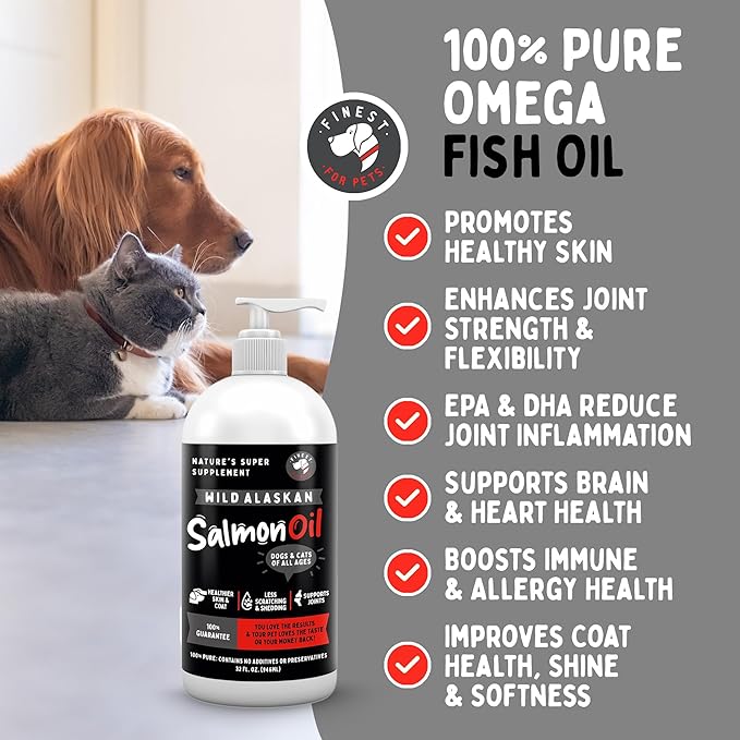 Finest For Pets Wild Alaskan Salmon Oil for Dogs & Cats - Omega 3 Fish Oil with Pollock & Salmon for Sensitive Skin & Coat Health. EPA & DHA Ease Itching, Supports Joint, Immune & Heart Health (16oz)