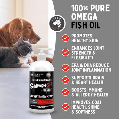 Finest For Pets Wild Alaskan Salmon Oil for Dogs & Cats - Omega 3 Fish Oil with Pollock & Salmon for Sensitive Skin & Coat Health. EPA & DHA Ease Itching, Supports Joint, Immune & Heart Health (16oz)