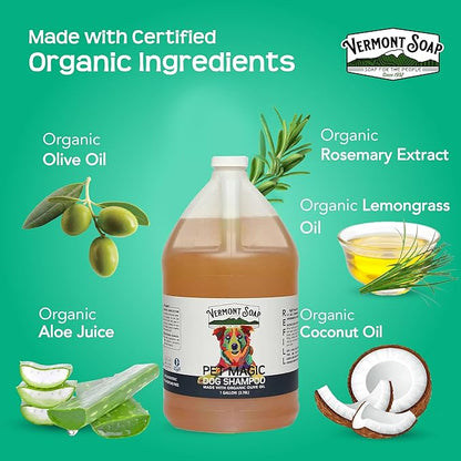 Vermont Soap Organics Pet Shampoo - Organic & Natural Olive Oil, Coconut & Aloe Vera Dog Shampoo for Sensitive Skin - USDA Certified Grooming Pet Shampoo - Gallon