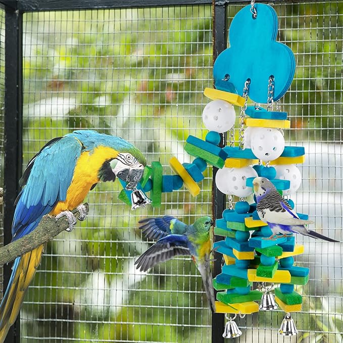 Parrot Toys for Large Birds, Parrots Chew Toy Gift with Colorful Wood Blocks and Bells for Macaws African Grey and Amazon Parrots (Blueberry Style)