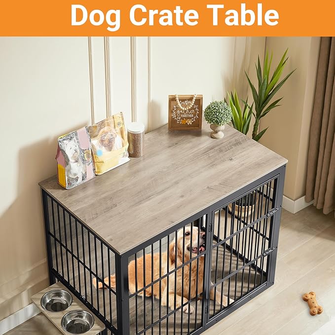 Dog Crate Furniture, 48 Inch Dog Kennel Furniture, Wooden _og Crate Furniture Large Breed with Rotating _og Bowls, Heavy Duty _og Cage Furniture Indoor,Decorative Dogs Crates End Table,Gray
