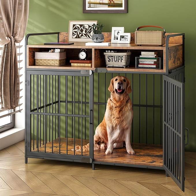 Semoic Large Dog Crate Furniture with Drawers Storage, Puppy Dog Kennel Indoor with Double Doors, Heavy Duty Wooden Dog Cage Table, Sturdy Metal, Rustic Brown