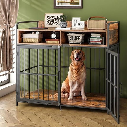 Semoic Large Dog Crate Furniture with Drawers Storage, Puppy Dog Kennel Indoor with Double Doors, Heavy Duty Wooden Dog Cage Table, Sturdy Metal, Rustic Brown
