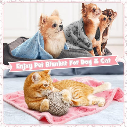Tegeme 12 Pieces Pet Blanket Soft Fleece Dog Fluffy Doggie Warm Felt Throw Spring Cute Paw Print Puppy Kitten Sleep Mat Bed Covers for Cat (30 x 20 Inch,Pink,Gray,Blue)